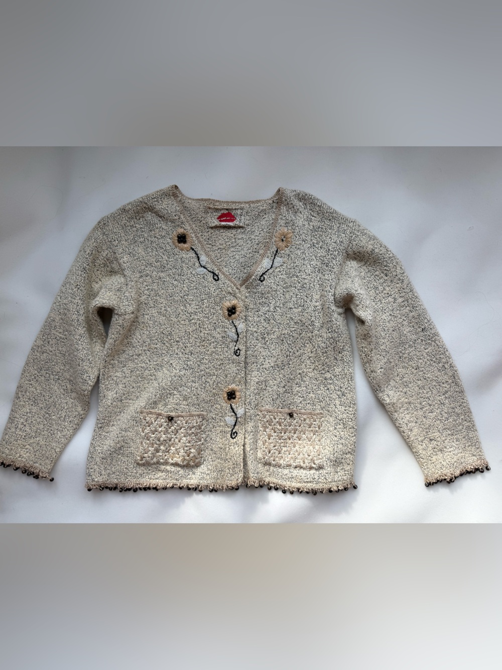 Vintage Hot Lips Embroidered Beaded Cardigan Sweater Size Small